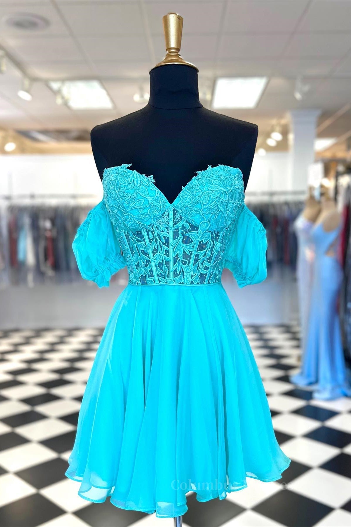 Evening Dress 2062, Sweetheart Fuchsia Lace and Chiffon Short Homecoming Dress
