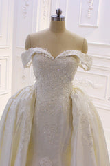 Wedding Dress Long Sleeves, Sweetheart Lace Appliques Off the Shoulder Detachable Train Wedding Dress