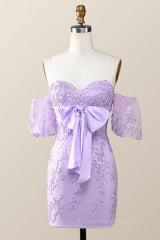 Prom Dress Affordable, Sweetheart Lavender Tight Mini Dress with Bow