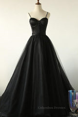 Satin Dress, Sweetheart Neck Black Tulle Long Prom Dress, Thin Straps Black Formal Evening Dress, Black Ball Gown