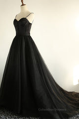 Wedding Guest Outfit, Sweetheart Neck Black Tulle Long Prom Dress, Thin Straps Black Formal Evening Dress, Black Ball Gown
