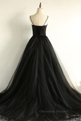 Cute Dress, Sweetheart Neck Black Tulle Long Prom Dress, Thin Straps Black Formal Evening Dress, Black Ball Gown