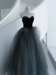 Party Dress Hair Style, Sweetheart Neck Gray Tulle Long Prom Dresses Gray Tulle Long Formal Graduation Dresses