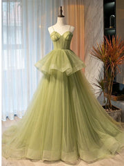 Party Dresse Idea, Sweetheart Neck Green Tulle Long Prom Dresses, Green Tulle Long Formal Graduation Dresses