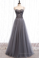 Bridesmaid Dressing Gown, Sweetheart Neck Grey Sequins Tulle Long Prom Dress, Grey Sequins Formal Evening Dress