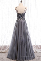 Bridesmaid Dress Gown, Sweetheart Neck Grey Sequins Tulle Long Prom Dress, Grey Sequins Formal Evening Dress