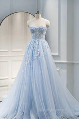 Bridesmaid Dress Pink, Sweetheart Neck Light Blue Lace Tulle Long Prom Dress, Light Blue Lace Formal Graduation Evening Dress