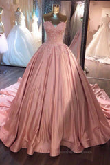 Bridesmaid Dress Dark, Sweetheart Neck Pink Lace Prom Dresses, Pink Lace Long Formal Evening Dresses
