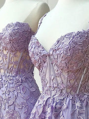 Black Tie Wedding, Sweetheart Neck Purple Lace Long Prom Dress, Strapless Purple Formal Dress, Mermaid Purple Evening Dress