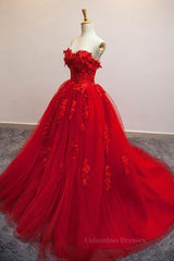 Plu Size Prom Dress, Sweetheart Neck Red Lace Floral Long Prom Dresses, Red Lace Formal Evening Dresses, Red Ball Gown
