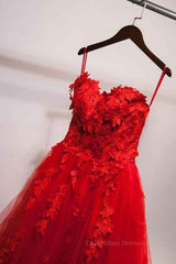 Sparklie Prom Dress, Sweetheart Neck Red Lace Floral Long Prom Dresses, Red Lace Formal Evening Dresses, Red Ball Gown