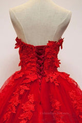 Long Prom Dress, Sweetheart Neck Red Lace Floral Long Prom Dresses, Red Lace Formal Evening Dresses, Red Ball Gown