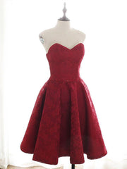 Party Dress Pink, Sweetheart Neck Short Burgundy Lace Prom Dresses, Short Wine Red Lace Formal Evening Dresses
