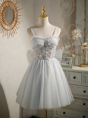 Party Dresses Express, Sweetheart Neck Short Gray Tulle Prom Dresses, Short Grey Tulle Formal Graduation Dresses