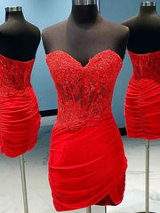 Homecoming Dress, Sweetheart Neck Short Red Lace Prom Dresses, Short Red Lace Formal Homecoming Dresses