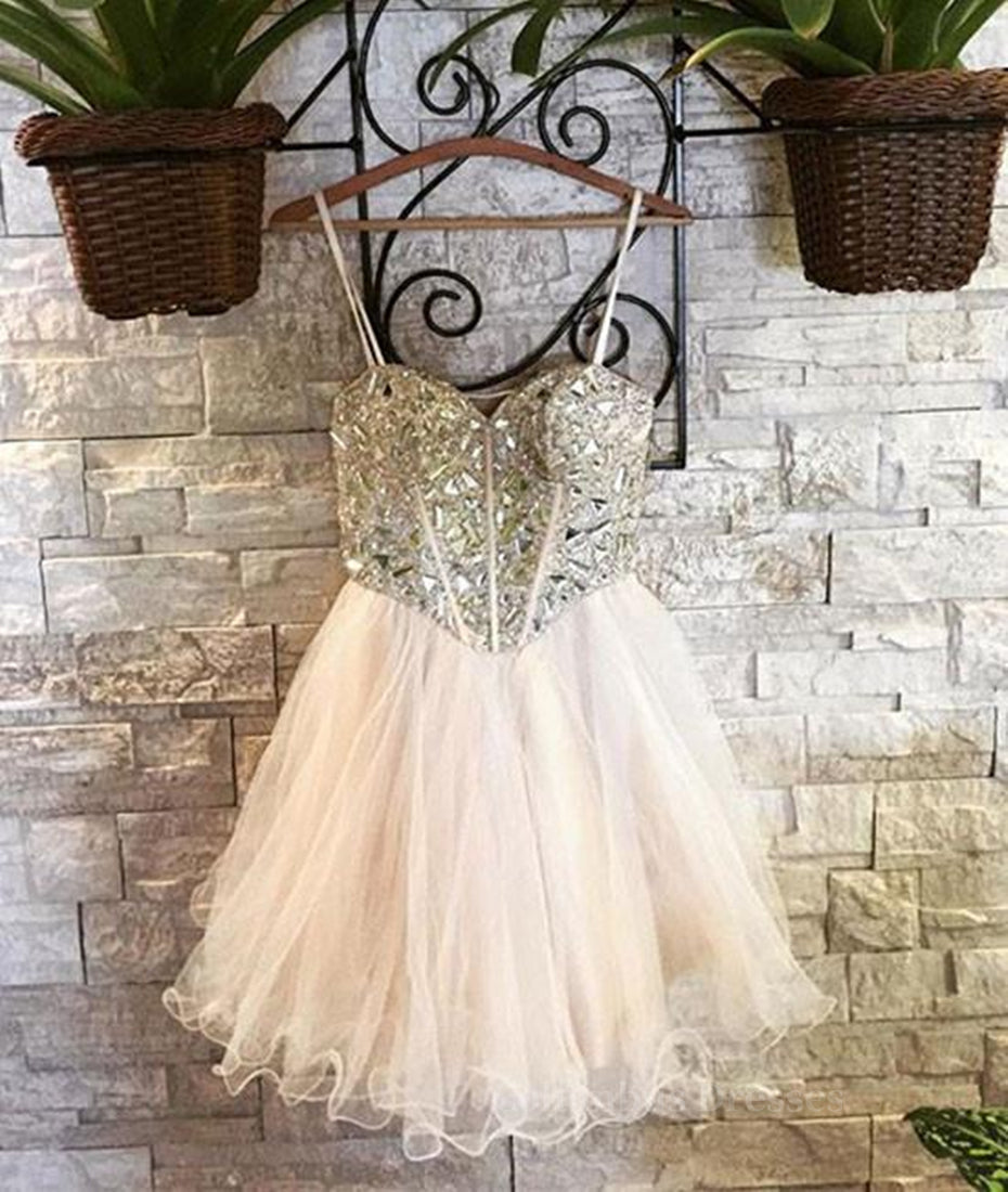 Homecoming Dresses Knee Length, Sweetheart Neck Spaghetti Straps Tulle Champagne Homecoming Dresses, Champagne Short Prom Dresses, Graduation Dresses, Evening Dresses