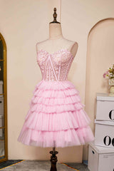 Evening Dresses Designer, Sweetheart Pink Lace Corset Tiered Short Homecoming Dress