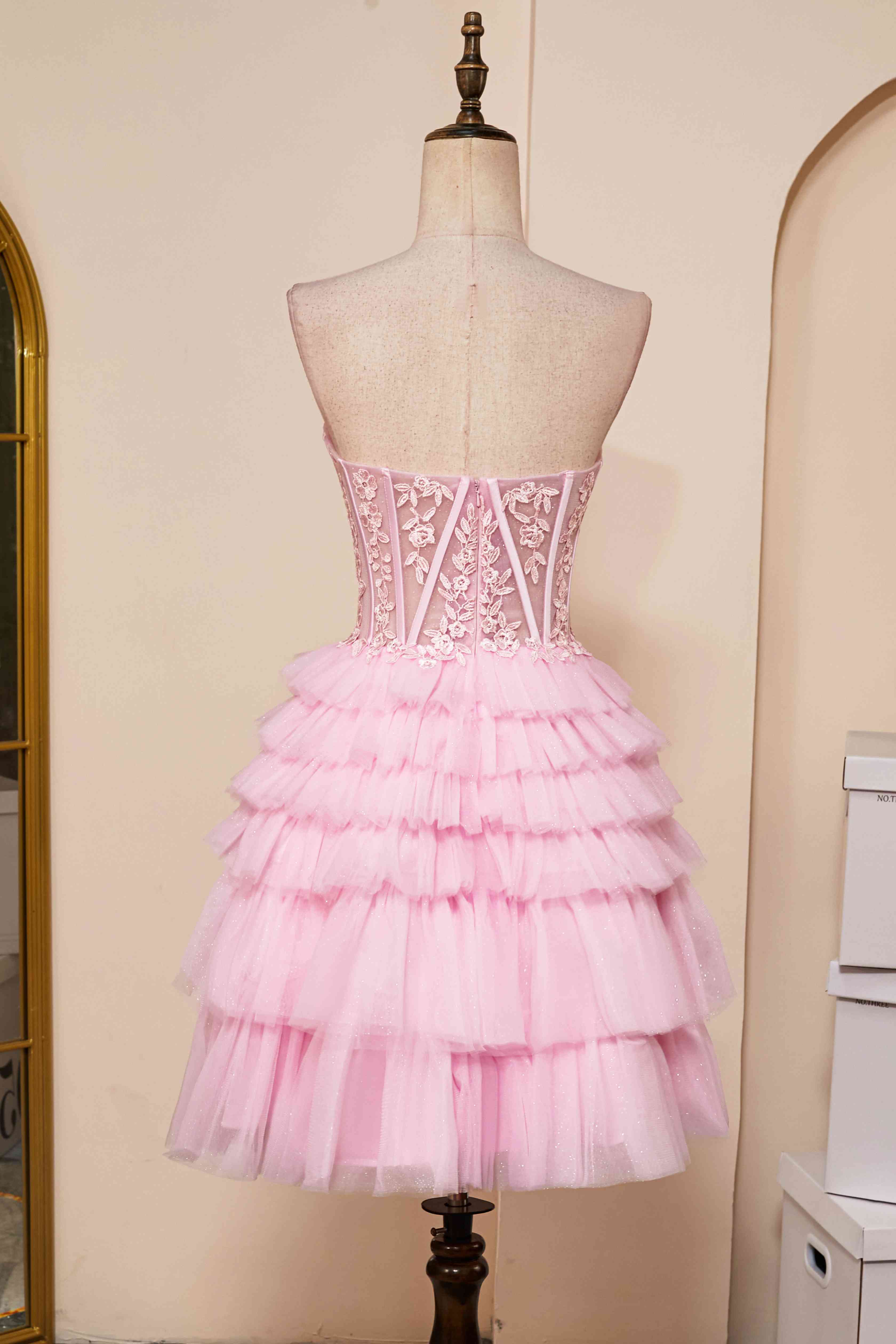 Evening Dress Designers, Sweetheart Pink Lace Corset Tiered Short Homecoming Dress