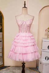 Evening Dresses And Gowns, Sweetheart Pink Lace Corset Tiered Short Homecoming Dress