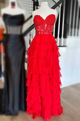Evening Dresses Boutique, Sweetheart Red Corset Chiffon Ruffle Long Prom Dress