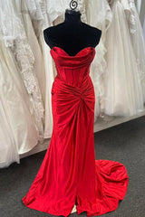Evening Dress Sleeves, Sweetheart Red Ruched Long Mermaid Prom Dress