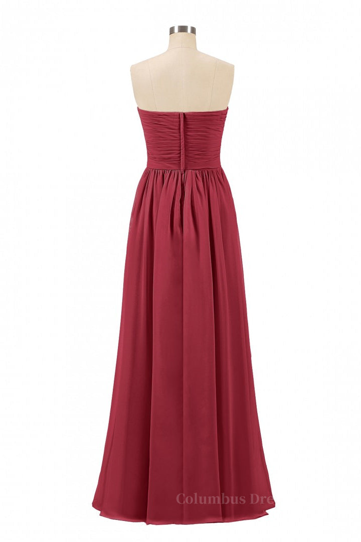 Evening Dresses Midi, Sweetheart Wine Red Pleated Chiffon Long Bridesmaid Dress