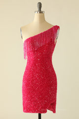 Prom Dress Shops, Tassels One Shoulder Hot Pink Sequin Mini Dress