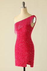 Prom Dresses Shops, Tassels One Shoulder Hot Pink Sequin Mini Dress