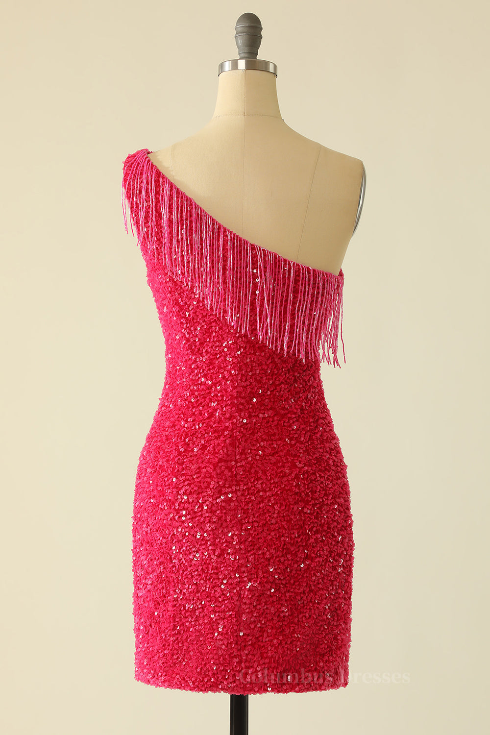 Prom Dresses Inspired, Tassels One Shoulder Hot Pink Sequin Mini Dress