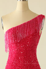 Prom Dresses Inspiration, Tassels One Shoulder Hot Pink Sequin Mini Dress