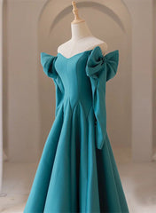 Party Dress For Night, Teal Blue Long Sleeves with Bow A-line Sweetheart Prom Dress, Teal Blue Evening Dress