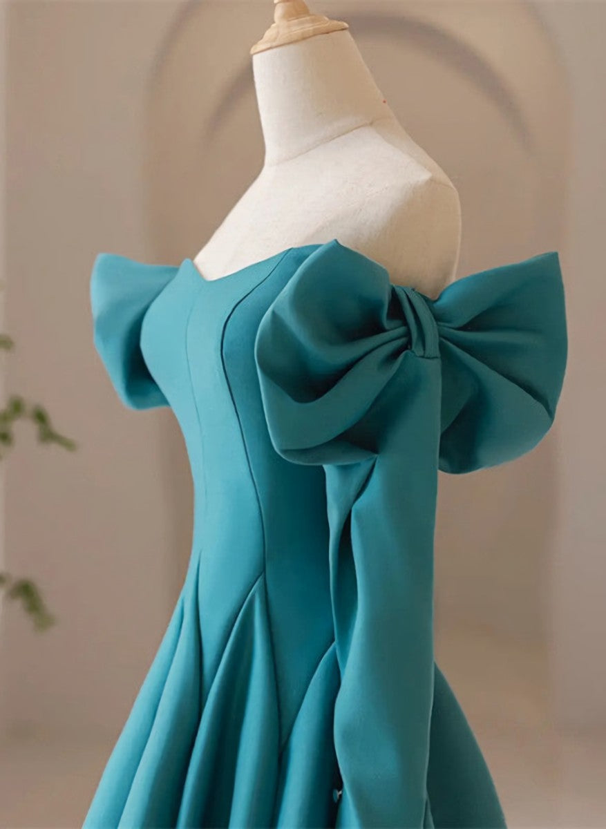 Party Dress Luxury, Teal Blue Long Sleeves with Bow A-line Sweetheart Prom Dress, Teal Blue Evening Dress