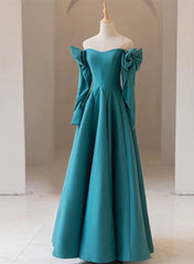 Party Dresses Night, Teal Blue Long Sleeves with Bow A-line Sweetheart Prom Dress, Teal Blue Evening Dress