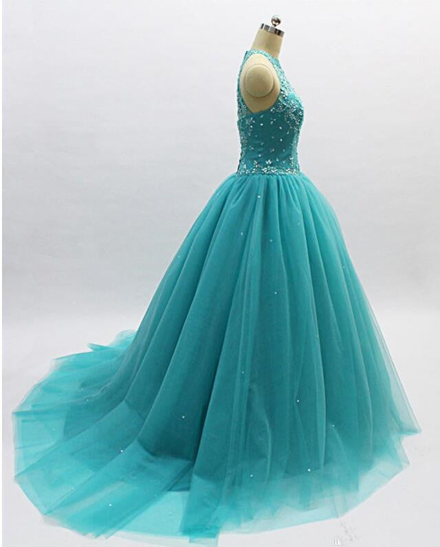 Prom Dresses Spring, Teal Blue Tulle Beaded Ball Gown High Neckline Sweet 16 Dress, Blue Quinceanera Dresses