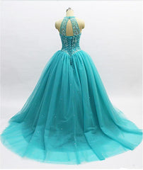 Prom Dress Spring, Teal Blue Tulle Beaded Ball Gown High Neckline Sweet 16 Dress, Blue Quinceanera Dresses