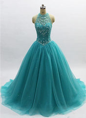 Prom Dress Princess, Teal Blue Tulle Beaded Ball Gown High Neckline Sweet 16 Dress, Blue Quinceanera Dresses