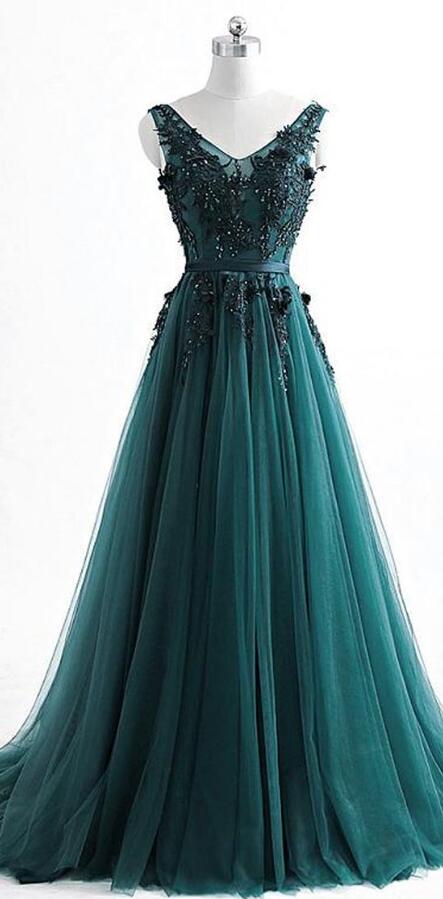 Prom Dresses Piece, V Neck Dark Green Cheap Long Evening Prom Dresses, Sweet 16 Prom Dresses, 12378