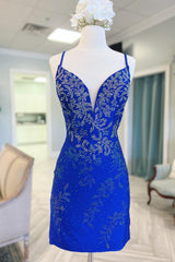 Evening Dress Boutique, Royal Blue Beaded Plunge V Lace-Up Short Homecoming Dress