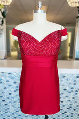 Homecoming Dresses Simple, Red Beaded Off-the-Shoulder Sheath Satin Homecoming Dress