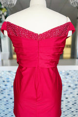 Homecoming Dresses Simpl, Red Beaded Off-the-Shoulder Sheath Satin Homecoming Dress