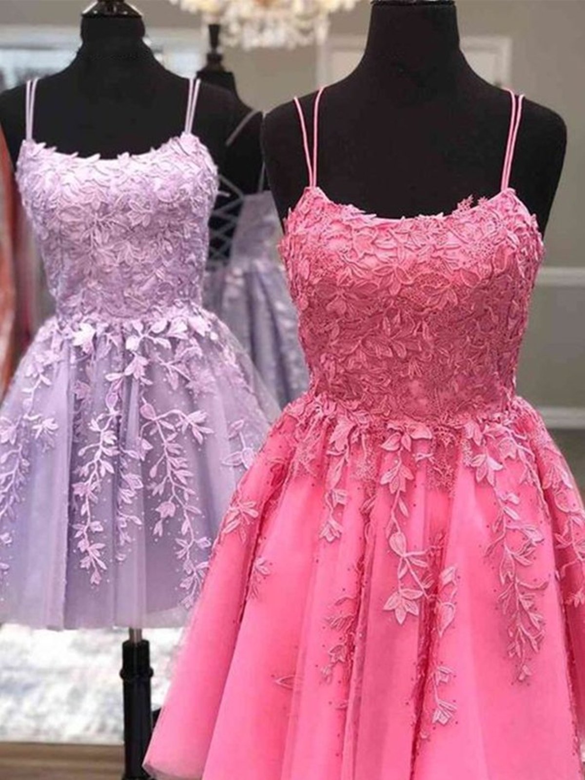 Prom Dresses For 2027, Thin Straps Short Purple Pink Lace Prom Dresses, Short Purple Pink Lace Graduation Homecoming Dresses