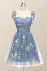 Prom Dresses Sage Green, Tie Shoulders Blue Floral A-line Short Dress