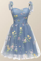 Wedding Guest Dress, Tie Shoulders Blue Floral A-line Short Dress