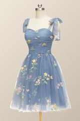 Prom Dresses 2063 Black Girl, Tie Shoulders Blue Floral A-line Short Dress