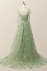 Bridesmaid Dresses Peach, Tie Shoulders Green Floral Tulle Long Formal Dress