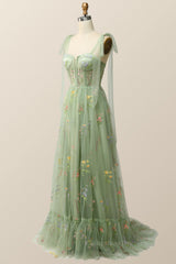Bridesmaid Dress Blushing Pink, Tie Shoulders Green Floral Tulle Long Formal Dress