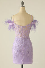 Prom Dress Aesthetic, Tight Lavender Lace Straps Mini Dress