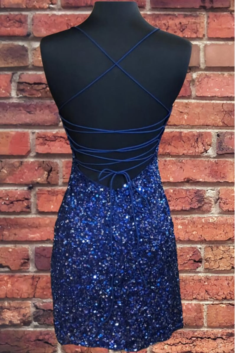 Sparklie Prom Dress, Tight Navy Blue Sequin Short Homecoming Dresses Sparkly Party Dress