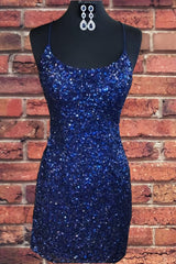 Plu Size Prom Dress, Tight Navy Blue Sequin Short Homecoming Dresses Sparkly Party Dress