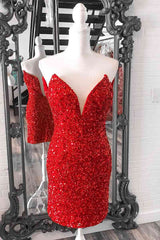 Bridal Shower Games, Tight V Neck Red Sequins Short Party Dress,Sparkly Bodycon Dresses